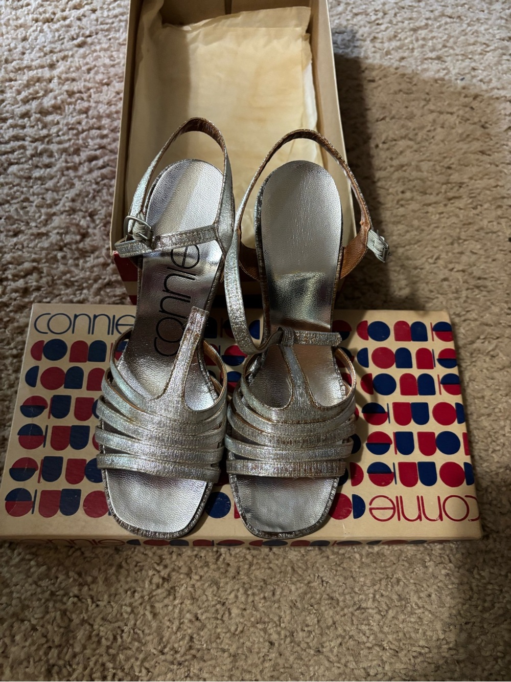 Vintage Connie Silver Metallic Multi-Strap Heeled Sandals